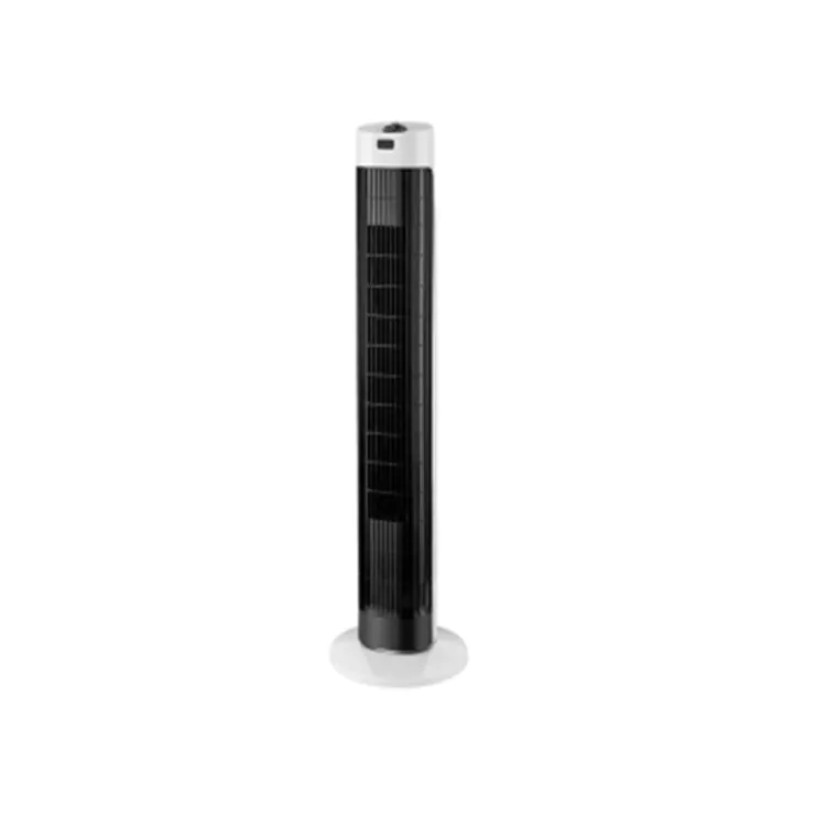 Minimalistisk sort og hvid tårnventilator uden blade til hjemmebrug